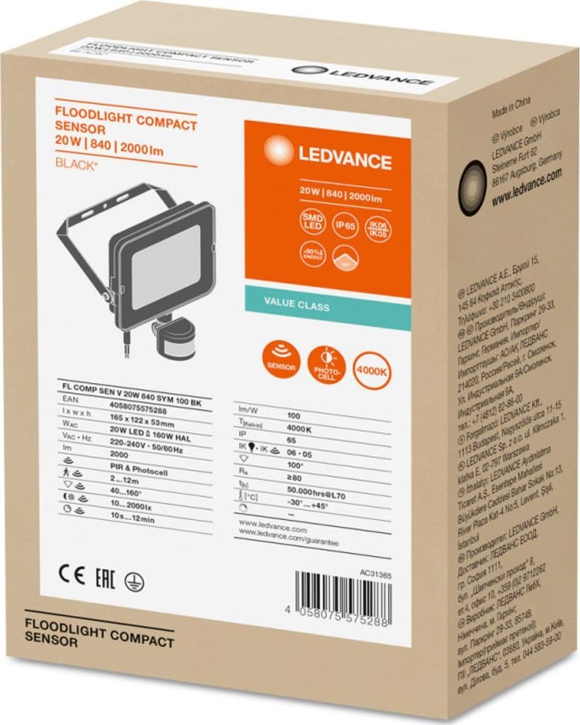 Naświetlacz Ledvance Projektor LED FLOOD COMPACT SENSOR V 20W 840 SYM 100 BK 4058075575288