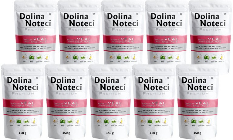 Mokra karma dla psa Dolina Noteci Premium bogata w cielęcinę z zielonym groszkiem zestaw 10 x 150 g