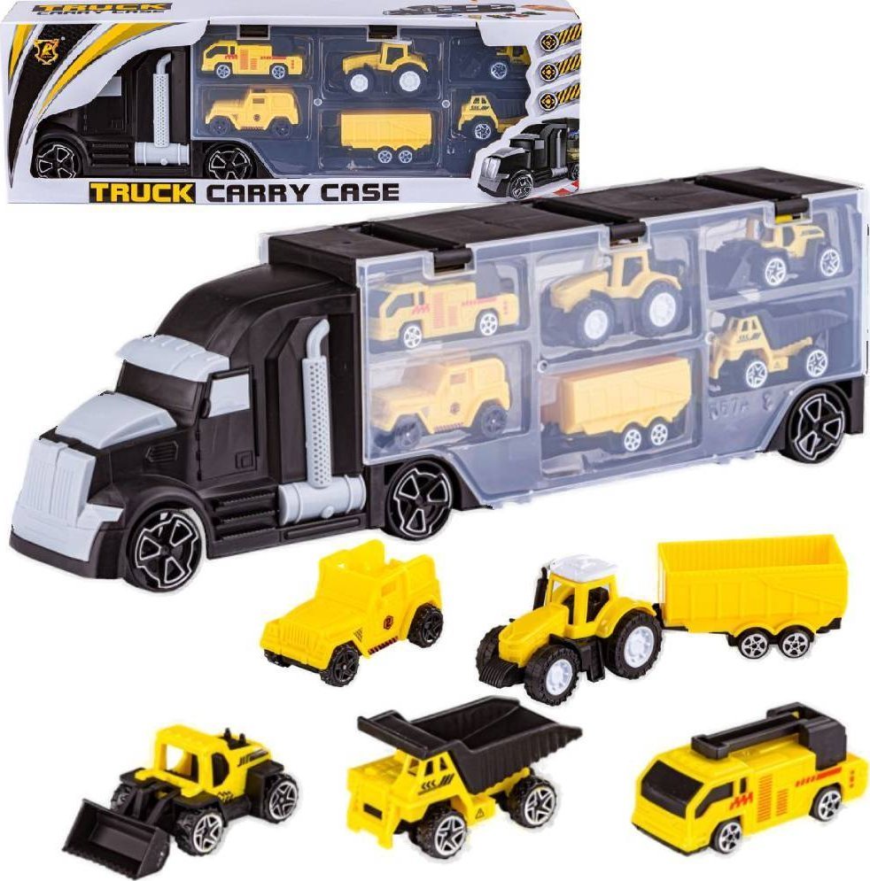 DK Czarna Ciężarówka, Transporter + Auta, Otwierana Laweta, Pojazdy Budowlane, Traktor, Jeep 6w1