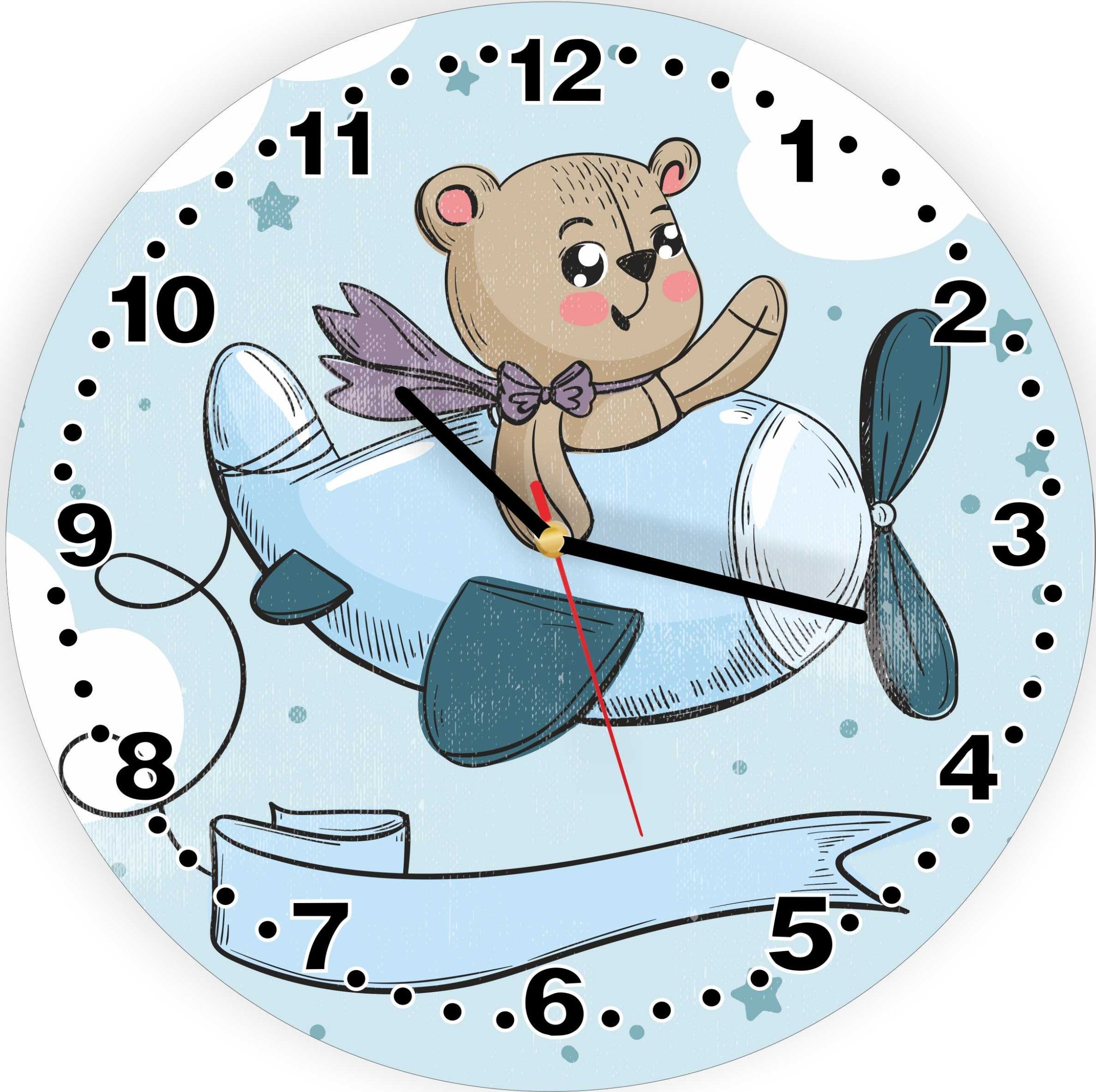 naSciane Zegar dla dzieci miś styl skandynawski samolot N