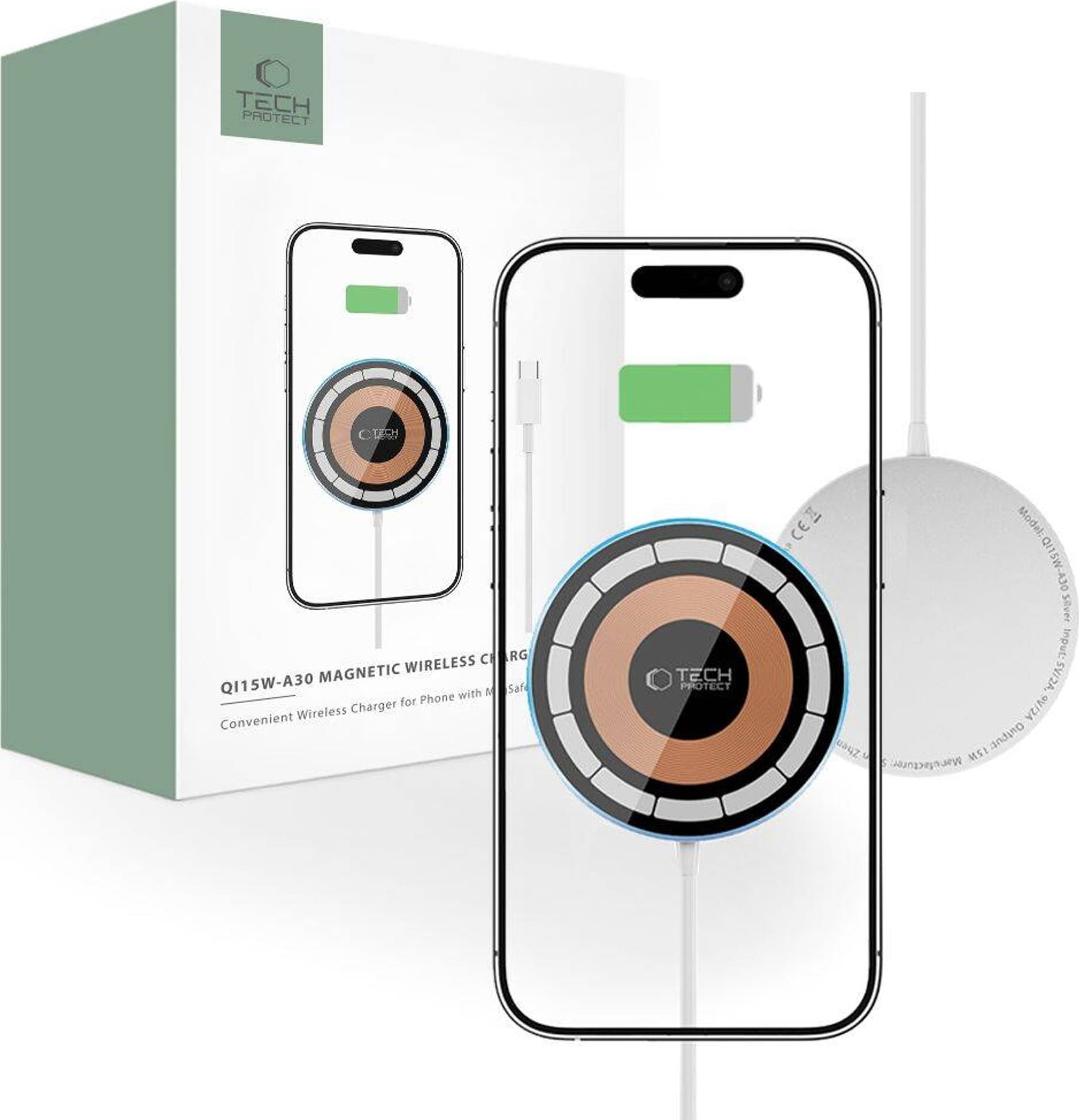 Ładowarka Tech-Protect Ładowarka Indukcyjna Magnetyczna MagSafe 15W Tech-Protect QI15W-A30 szara