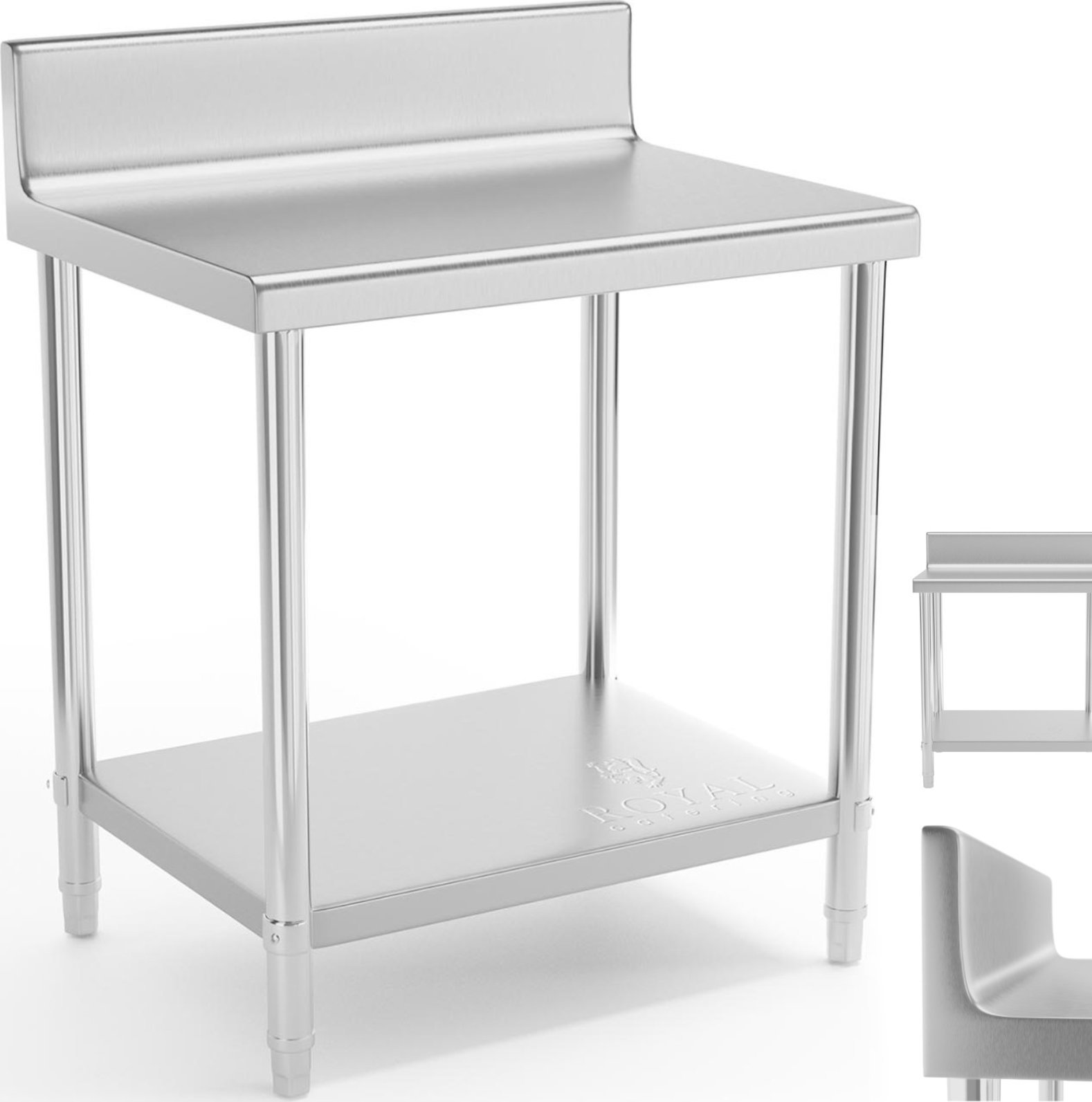 Royal Catering Stół blat roboczy stalowy nierdzewny przyścienny z rantem i półką 80x60cm Stół blat roboczy stalowy nierdzewny przyścienny z rantem i p