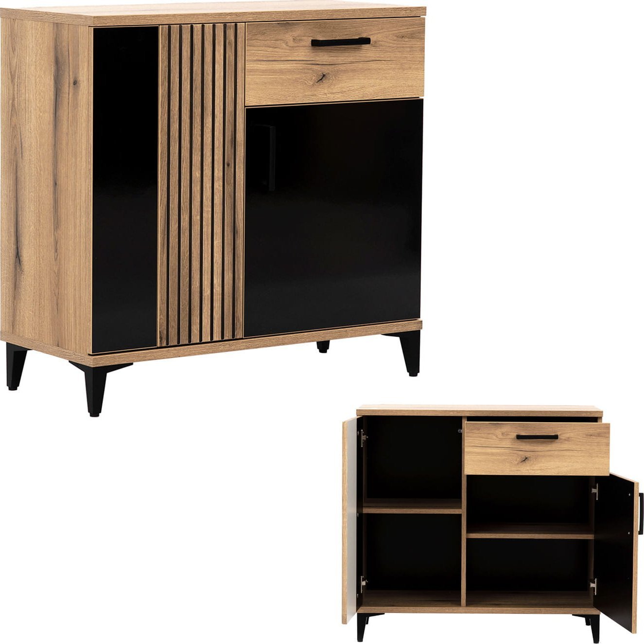 BogFran Komoda mała z szufladą dąb czarna połysk ARIS AS2