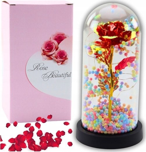 Wieczna Róża W Kopule Kryształowa Oświetlenie LED Kuleczki Czerwona 21x11cm