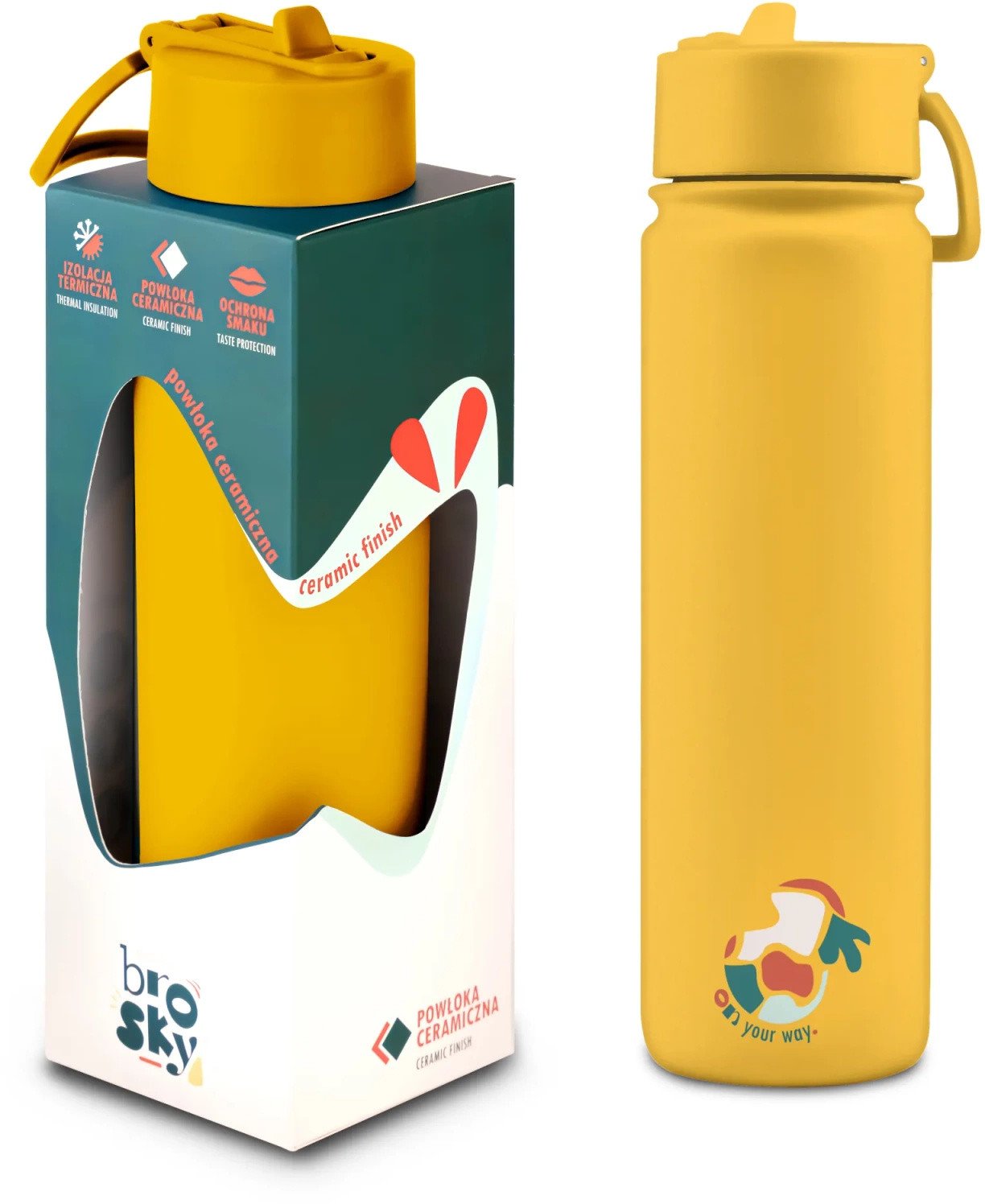 Brosky Abstract Żółta stalowa butelka termiczna ze słomką 680 ml