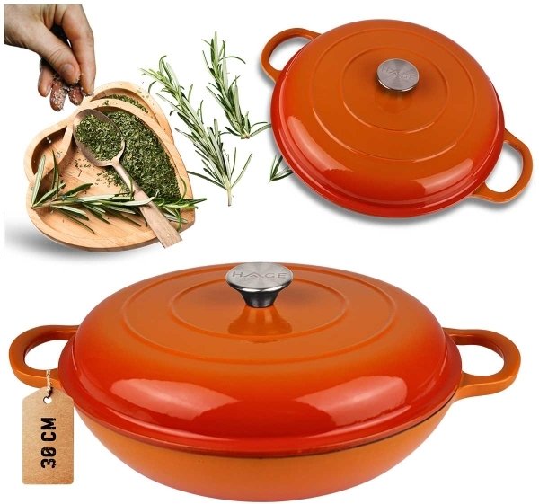 EMALIOWANY GARNEK ŻELIWNY PŁASKI 30cm 3L HAGE ORANGE