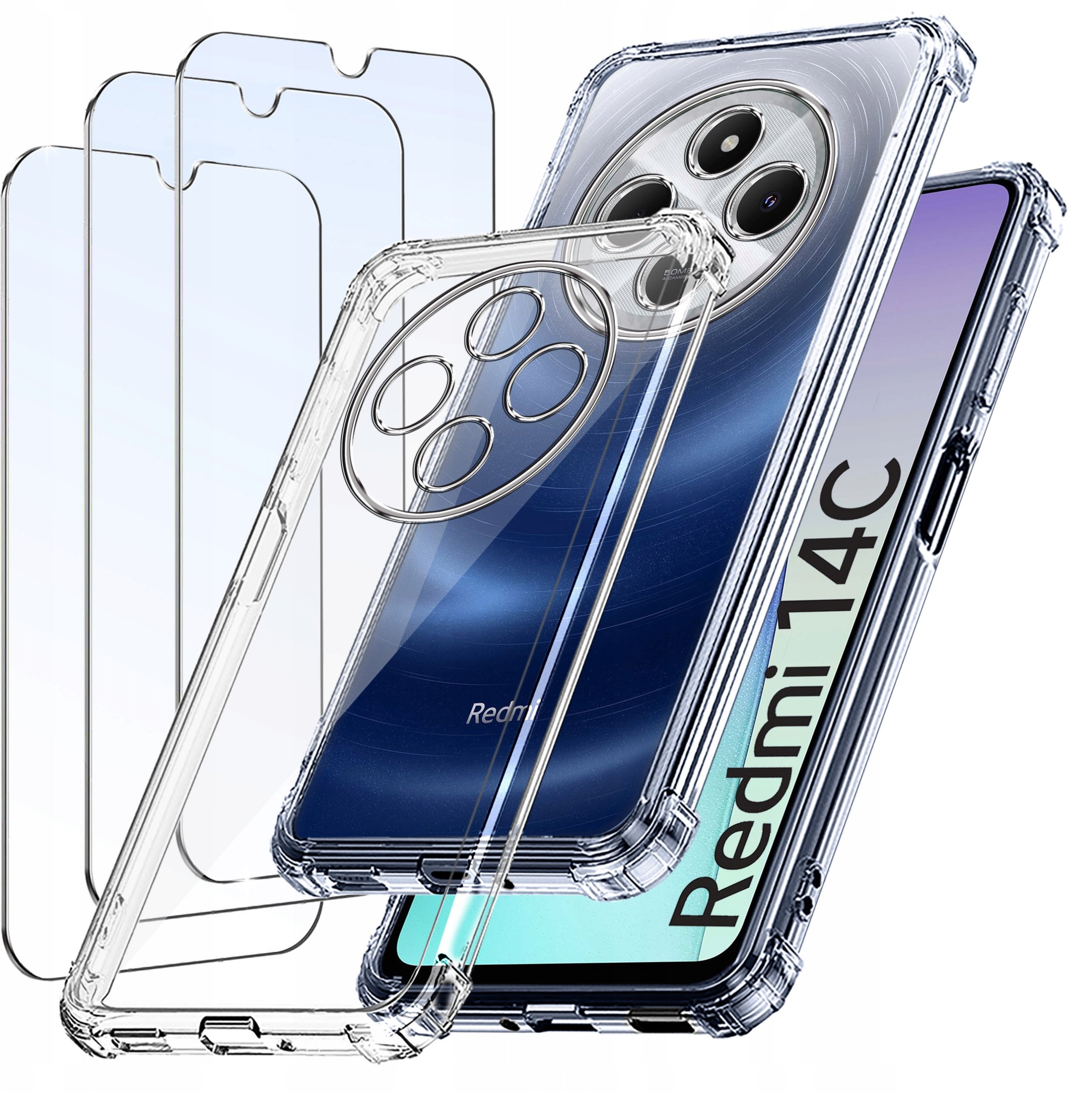 ZESTAW Etui do Xiaomi Redmi 14C ANTI-SHOCK CLEAR WZMACNIANE +3 SZTUKI SZKŁO