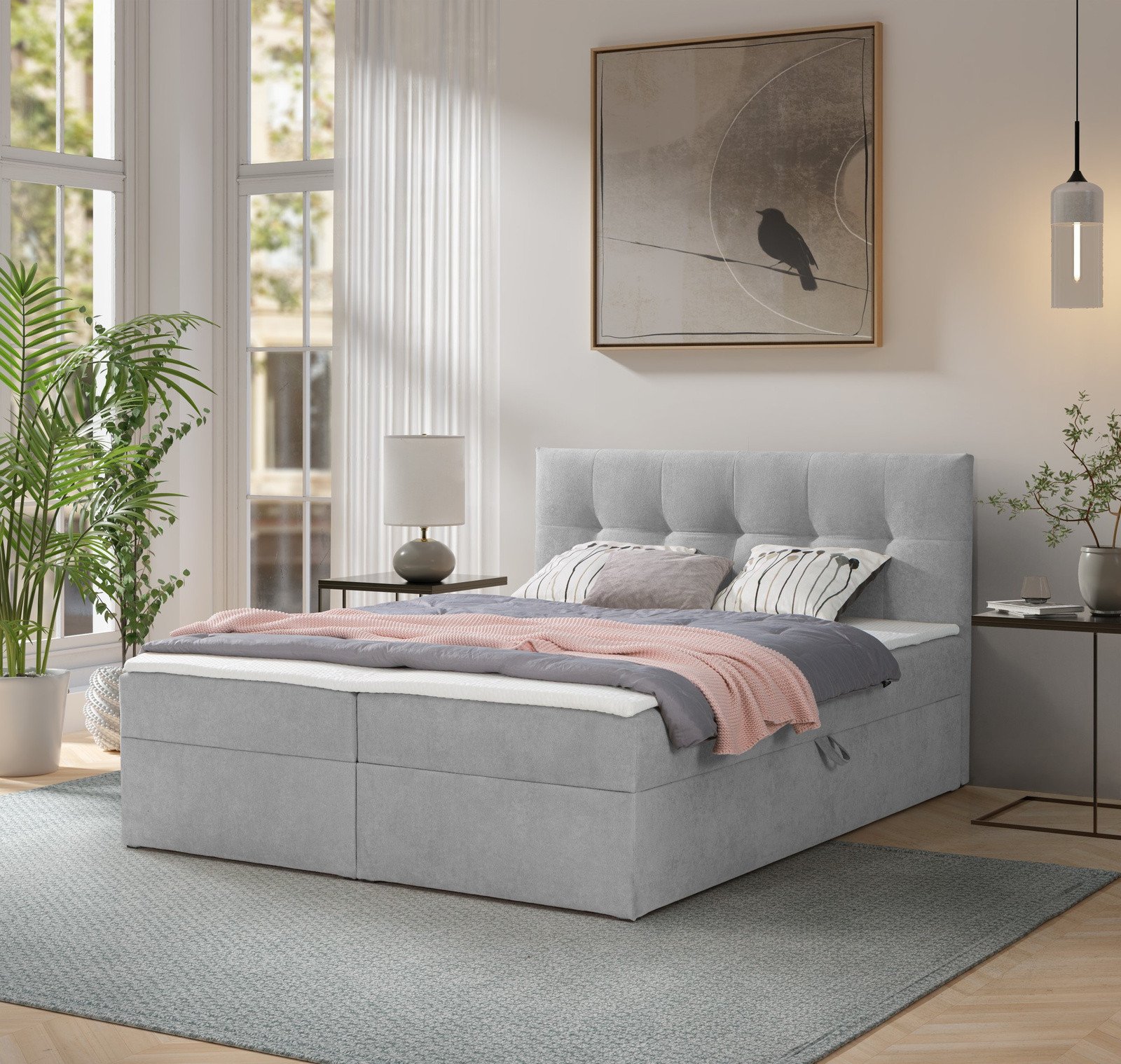 Łóżko kontynentalne Toronto 140200 (Gerra 65 - Szary) z materacem bonell i topperem