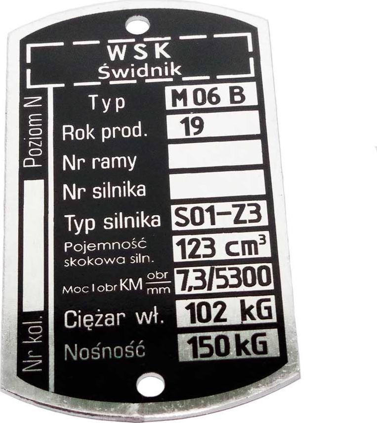 Z.P.H. Moto-Mer Tabliczka znamionowa WSK 125 M06 B3