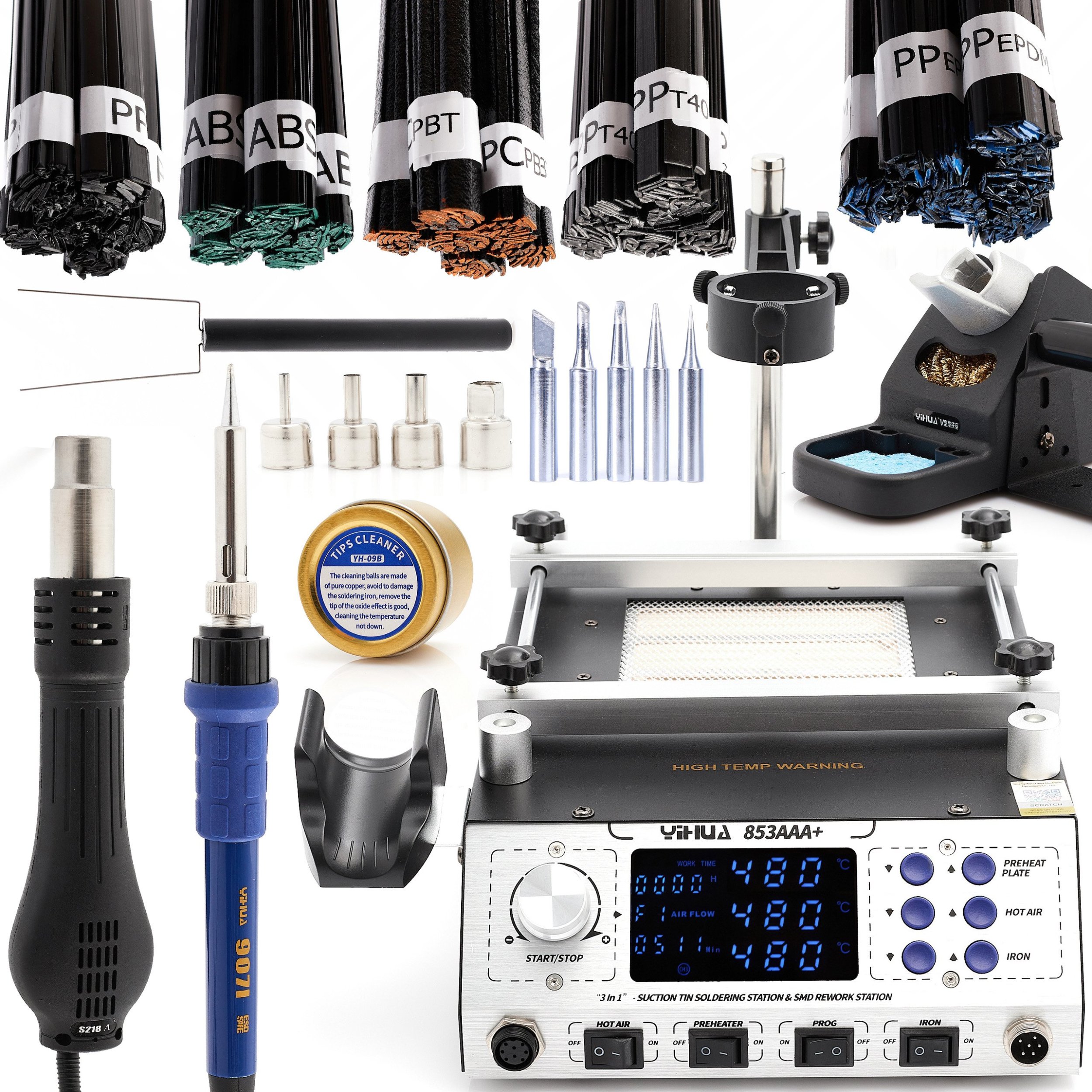 Stacja Lutownicza 3w1 Yihua 853AAA+ Zestaw 10 Grotów + 5 Spoiw po 100g Techrebal