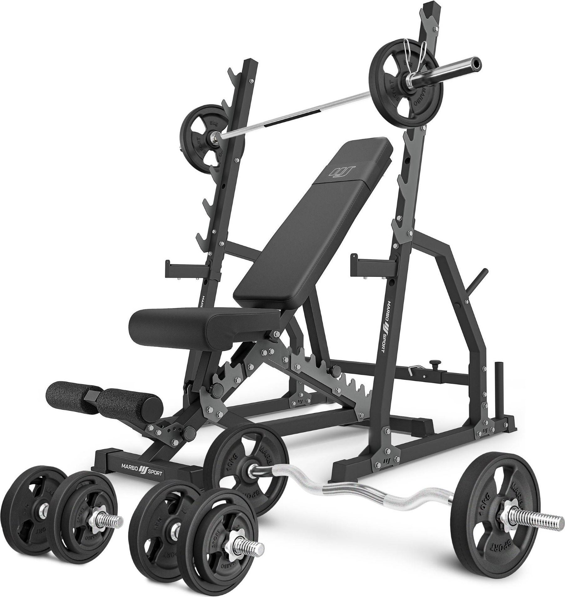 Zestaw MS3_2.0_83KG_G | Ławka dwustronna + stojaki bramowe z asekuracją + zestaw gryfów i obciążeń gumowanych 83 kg - Marbo Sport