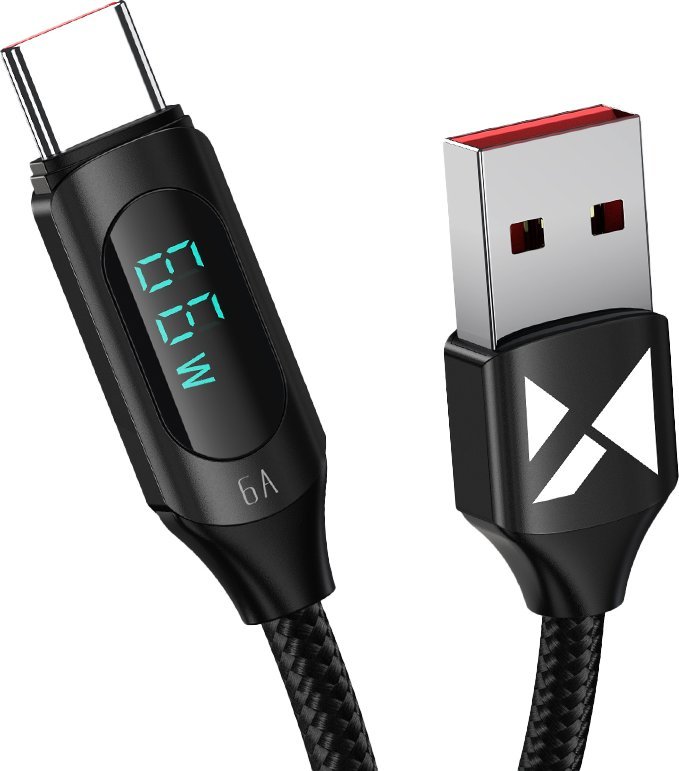 Wozinsky Kabel przewód USB-A - USB-C z wyświetlaczem LED 66W 6A 2m czarny Kabel przewód USB-A - USB-C z wyświetlaczem LED 66W 6A 2m czarny