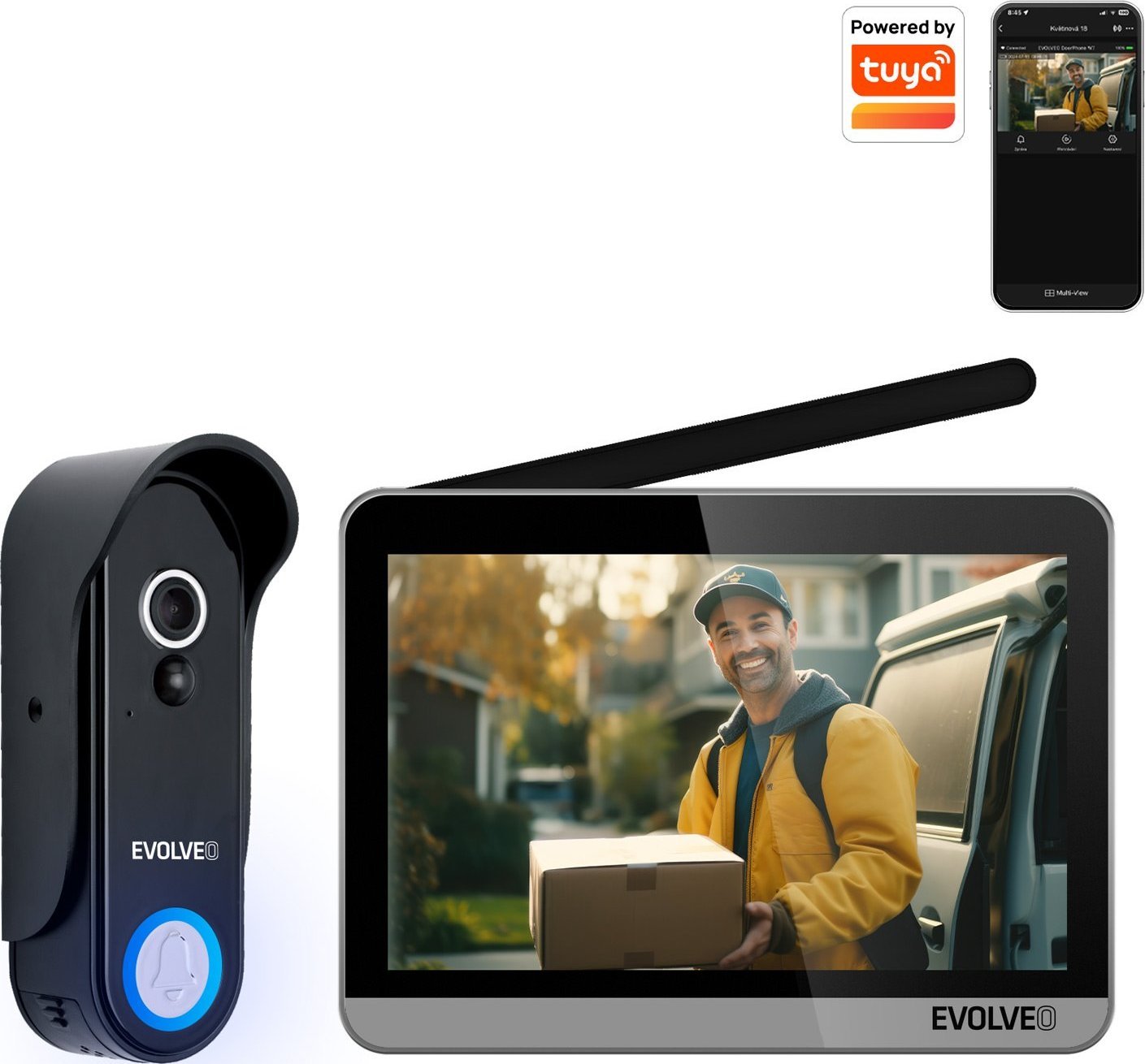 EVOLVEO DoorPhone W7, Sada domácího bezdrátového videotelefonu s WiFi černý stříbrný monitor