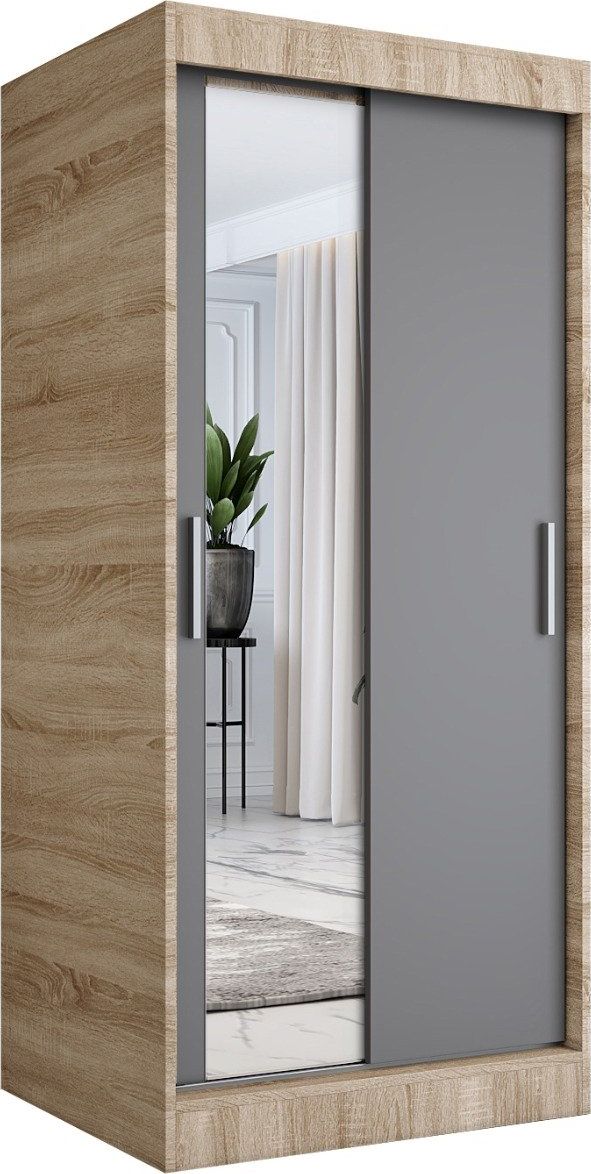 MKPOL Szafa przesuwna MODUO COMFORT 90 dąb sonoma/antracyt z lustrem po lewej