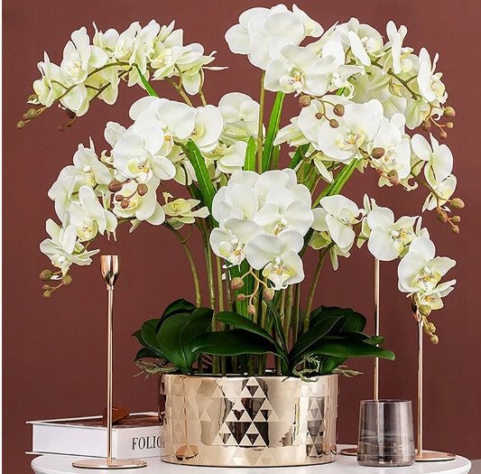 Kompozycja 6 Sztucznych Storczyków + Liście z Korzeniami Biała Orchidea