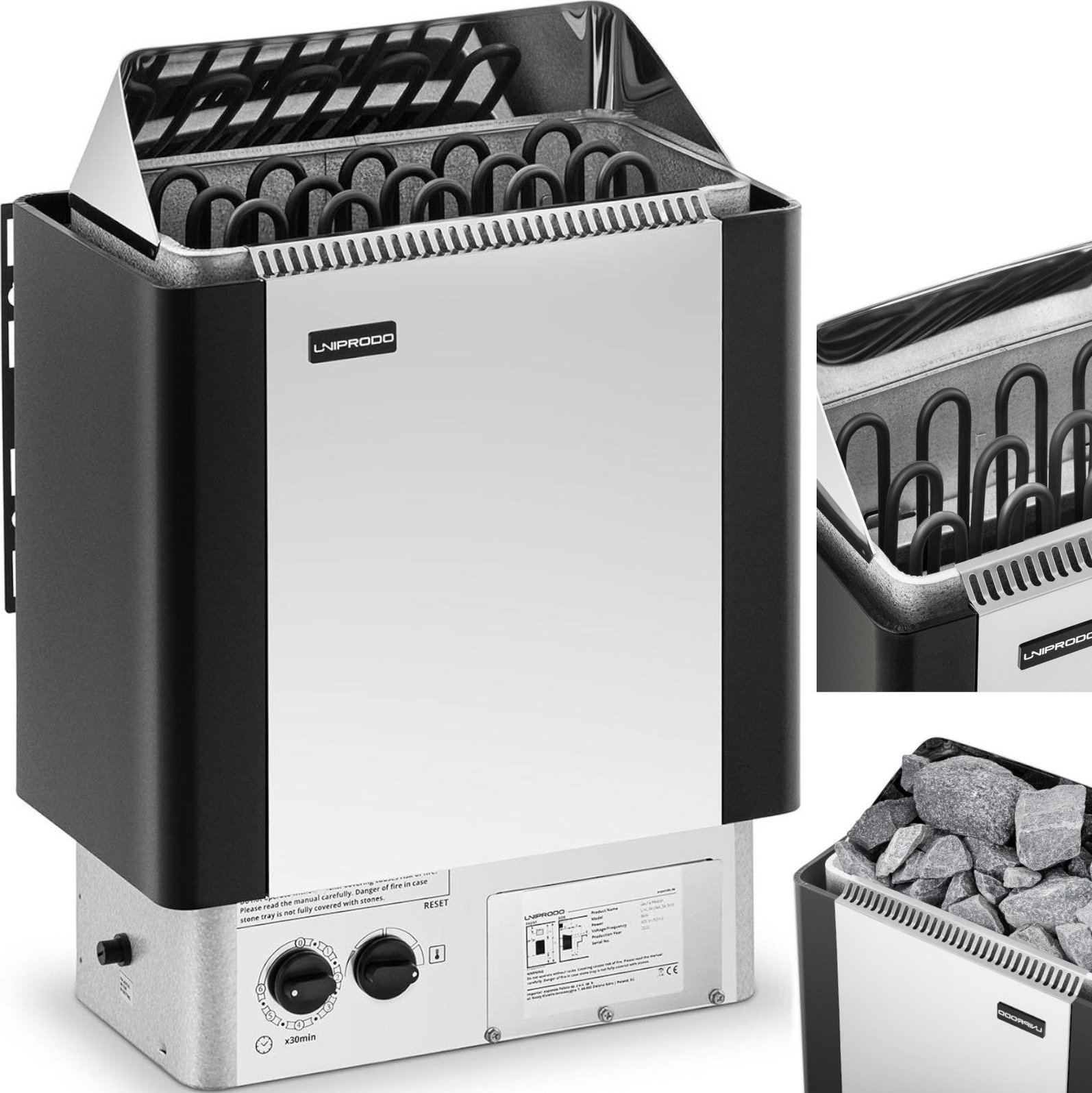 Uniprodo Piec do sauny elektryczny z wbudowanym sterowaniem 8-12 m3 do 110C 400 V 8 kW srebrno-czarny Piec do sauny elektryczny z wbudowanym sterowani