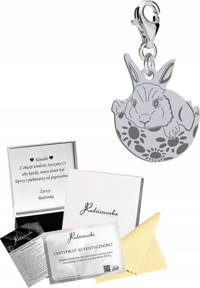 Radziszewska Jewellery Charms Srebrny Zajączek Wielkanocny Prezent 925 Biżuteria ŻYCZENIA GRATIS