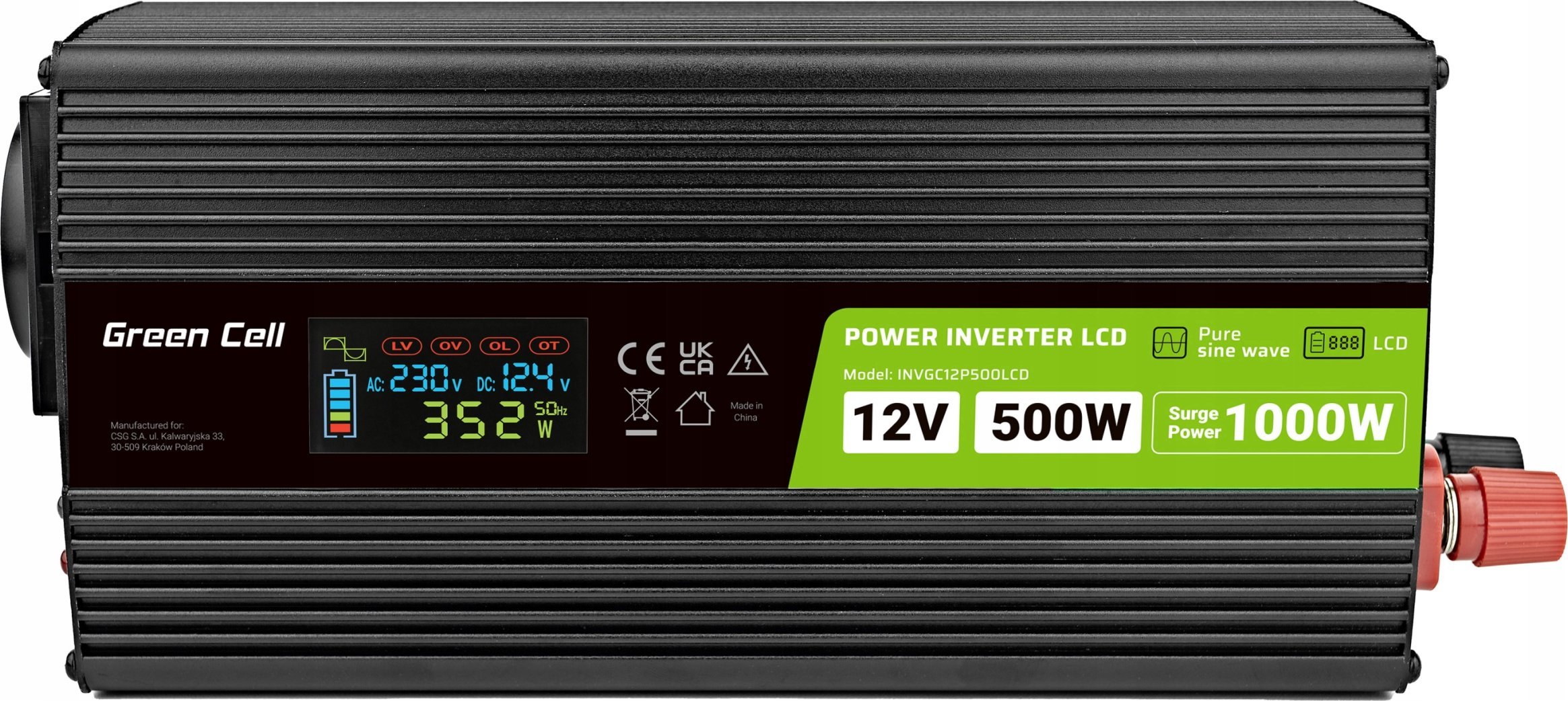 Przetwornica Green Cell GREEN CELL PRZETWORNICA LCD 12V/230V 500W/1000W CZYSTY SINUS INVGC12P500LCD