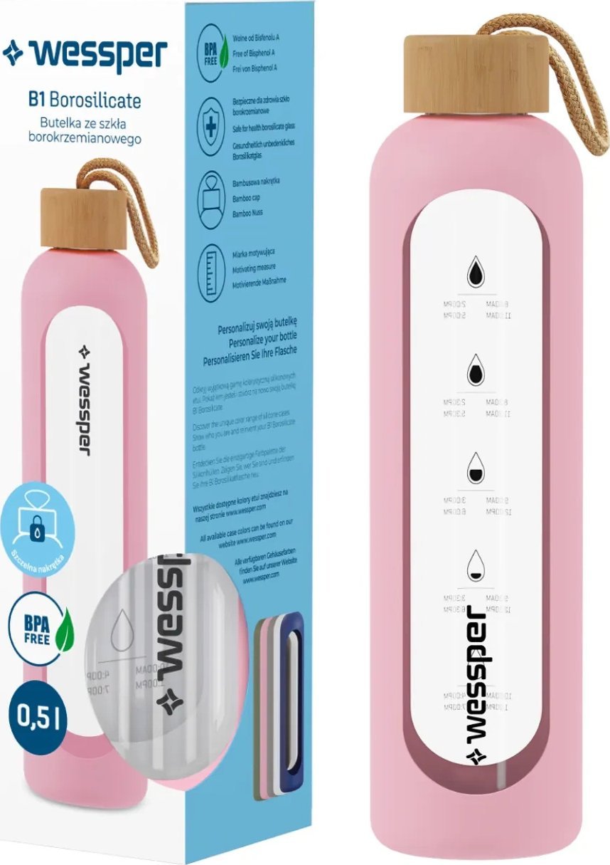Wessper Szklana butelka z miarką motywacyjną B1 Borosilicate różowa 500 ml