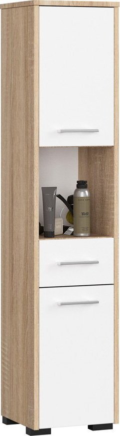 Elior Regał łazienkowy z drzwiczkami dąb sonoma + biały - Orraro 3X