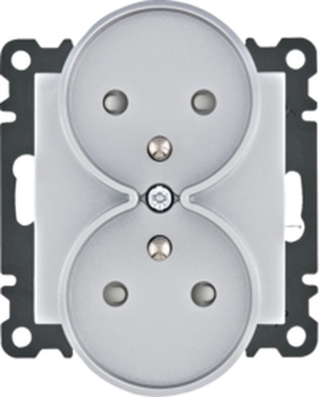 Hager Lumina Gniazdo zasilające z uziemieniem podwójne z przesłoną styków 16A/250VAC srebrne WL1342