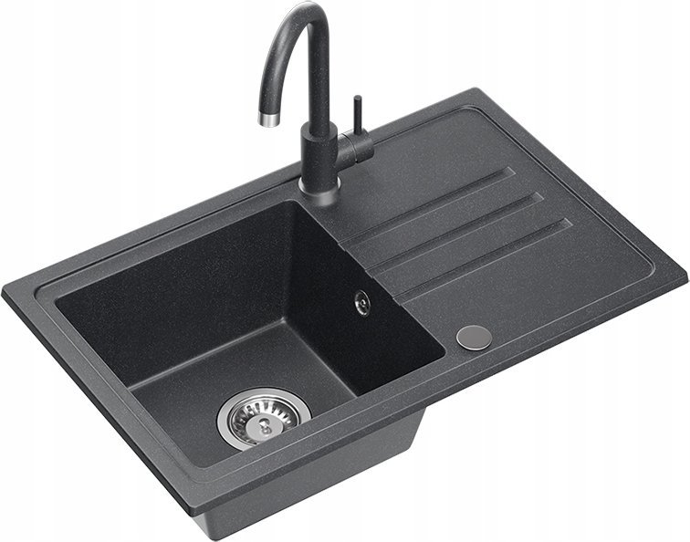 Zlewozmywak BEN 111 zlewozmywak granitowy black dotted 70x44 z czarną baterią ze stałą wylewką, ze stalowym syfonem i zaślepką