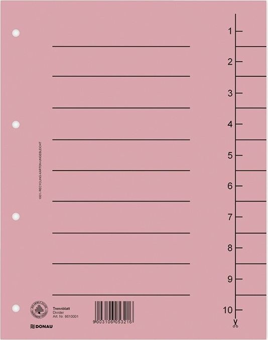 Donau Przekładka DONAU, karton, A4, 235x300mm, 1-10, 1 karta, jasnoróżowa