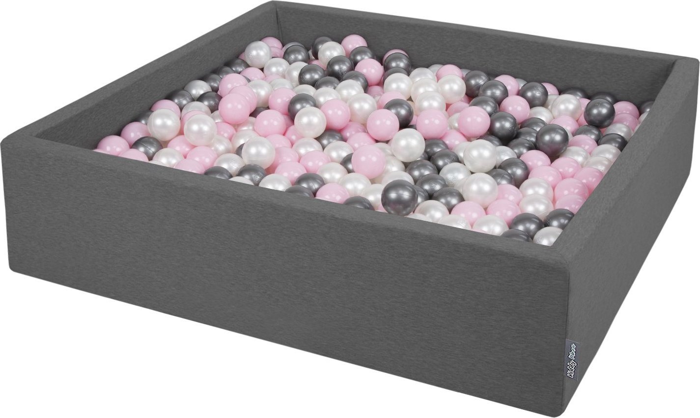 KiddyMoon Suchy basen kwadratowy z piłeczkami 7cm 120x30 ciemnoszary: perła-pudrowy róż-srebrny 120x30/1000piłek Zabawka basen piankowy
