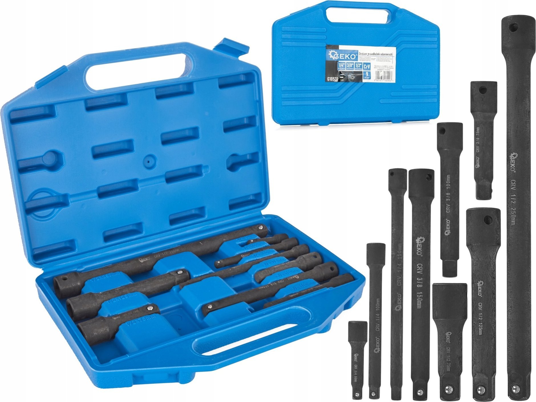 Geko Zestaw przedłużek udarowych 1/4" 3/8" 1/2" CrV 9szt. (15)