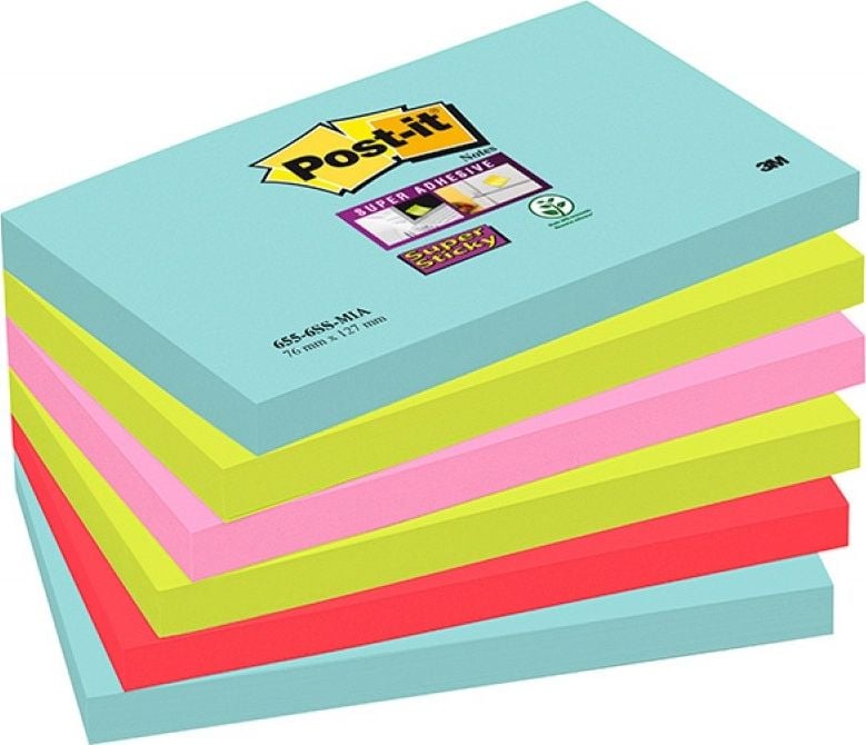 Post-it Karteczki samoprzylepne POST-IT Super Sticky (655-6SS-MIA), 76x127mm, 6x90 kart., paleta Miami