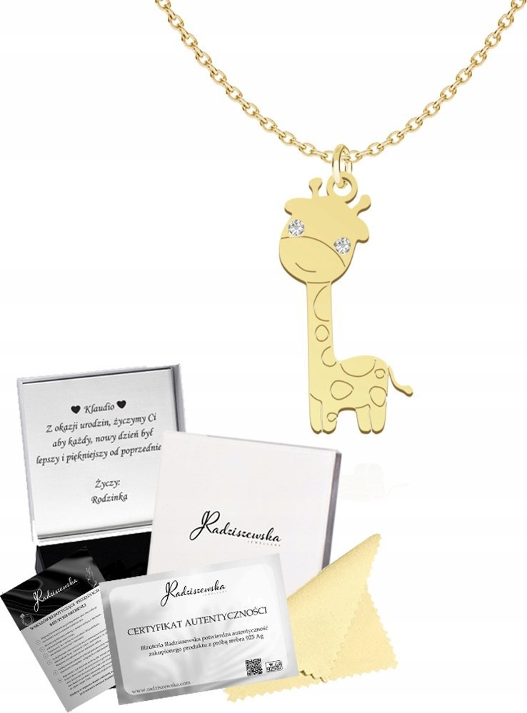 Radziszewska Jewellery Złoty Łańcuszek z ŻYRAFĄ Prezent SREBRO 925 Biżuteria DEDYKACJA GRATIS