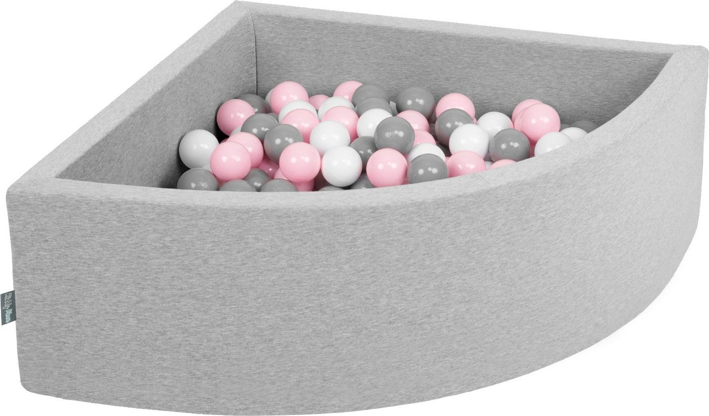 KiddyMoon KiddyMoon Suchy basen trójkątny z piłeczkami 7cm jasnoszary: biały-szary-pudrowy róż 90x30cm/300piłek Zabawka basen piankowy