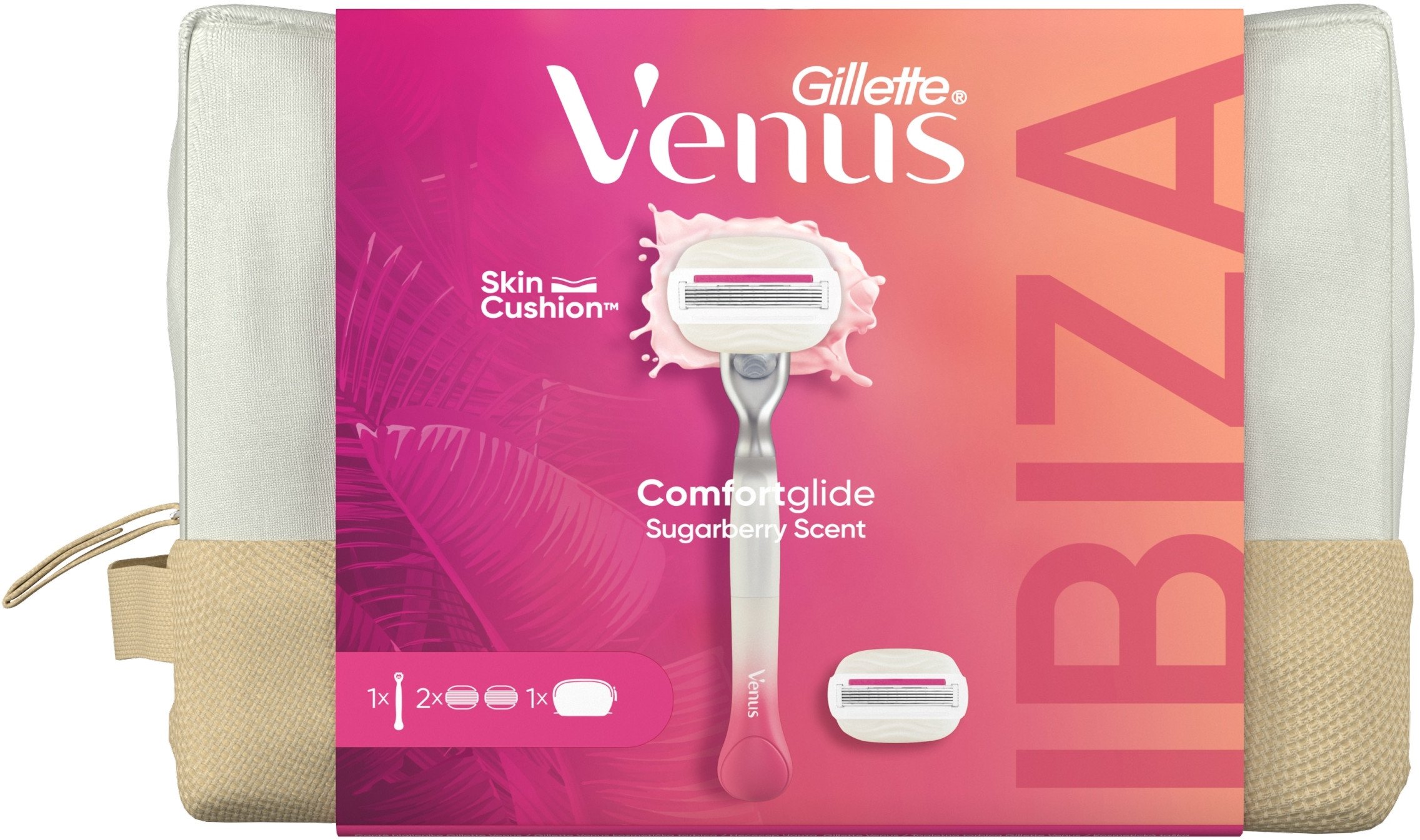Rinkinys Gillette Venus Comfortglide Sugarberry plus Olay moterims: skustuvas + skustuvo galvutės, 2 vnt. + kosmetinė