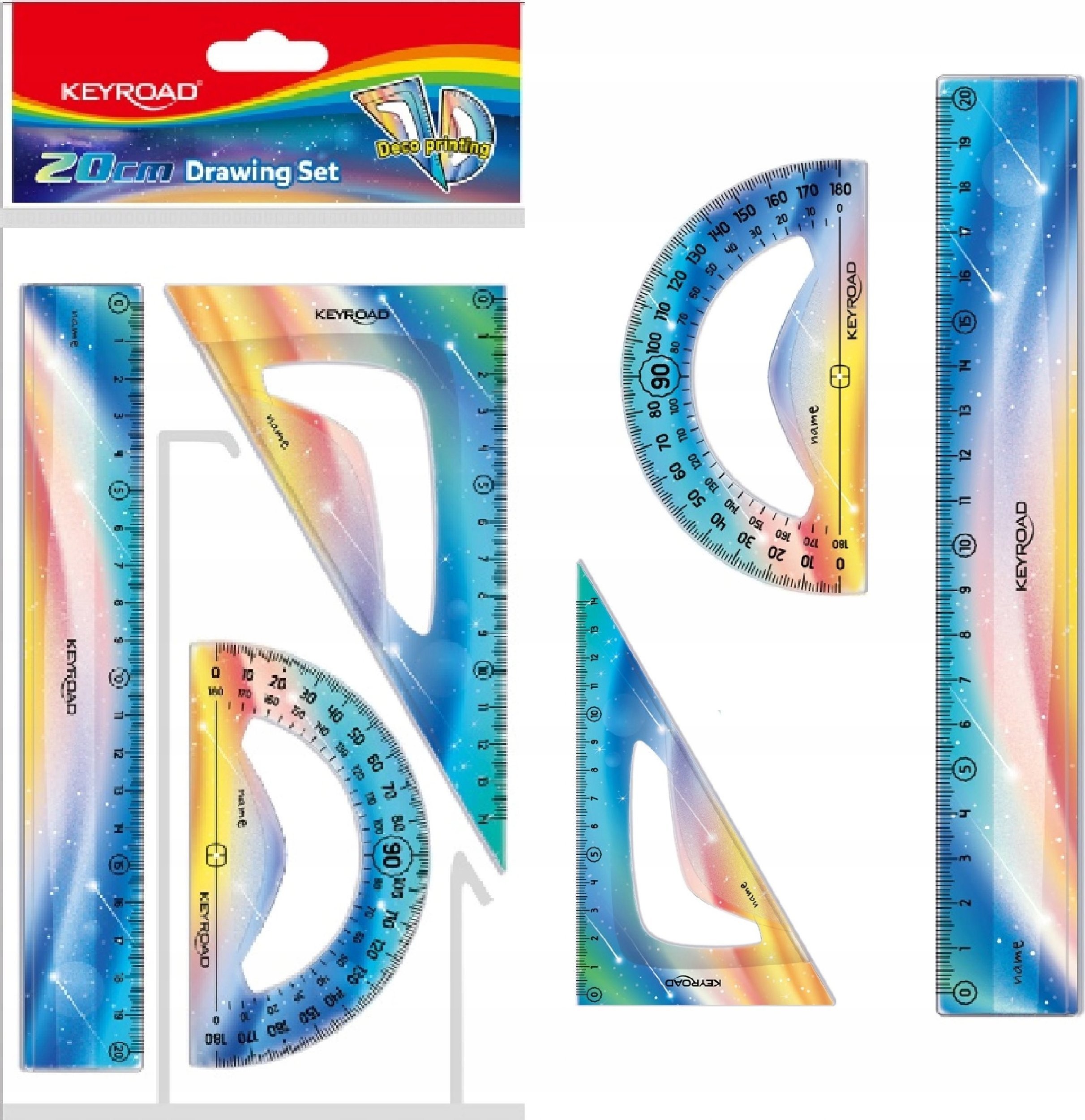 Keyroad Zestaw geometryczny KEYROAD, Twilight, z linijką 20cm, mix kolorów