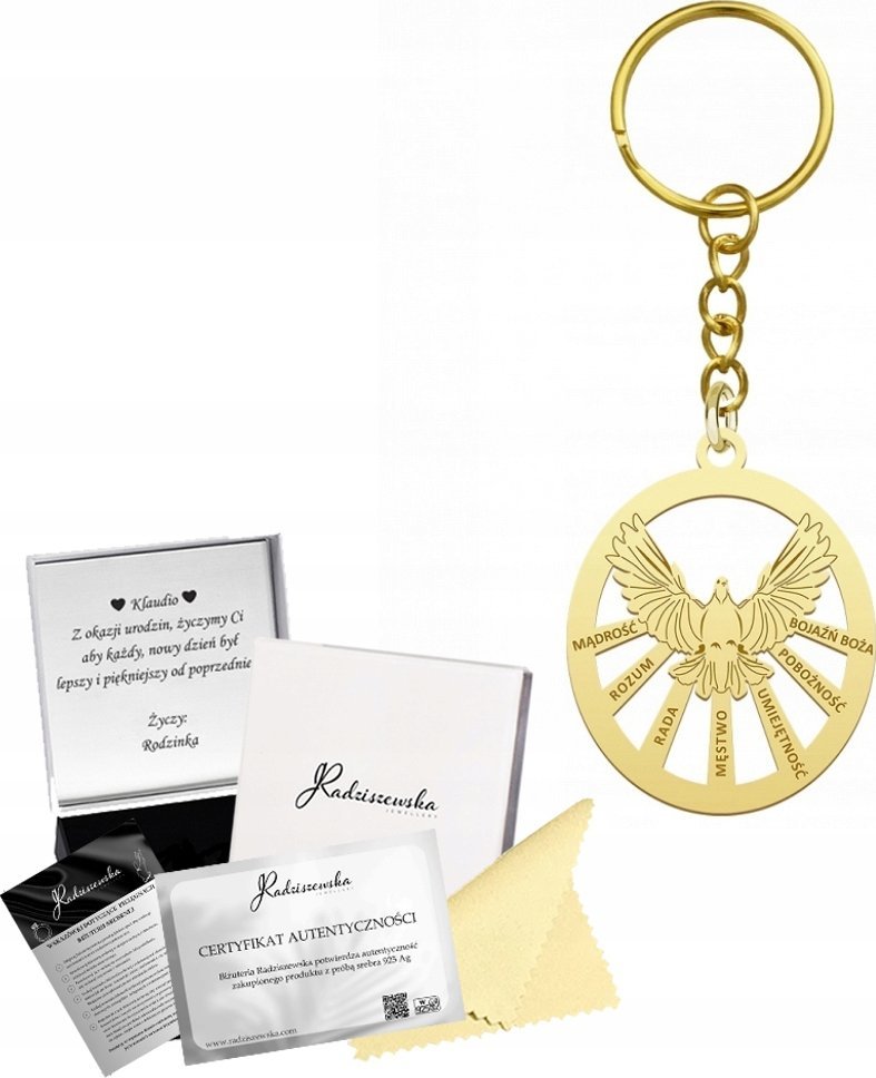Radziszewska Jewellery Brelok do kluczy Złoty z Duchem Świętym Prezent na Bierzmowanie 925 GRAWER