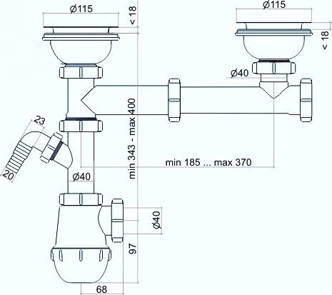 Syfon AKCES 19146 SYFON ZLEW. 1-KOM. BUTELKOWY, SITKO NIERDZEW. 2 Z PRZELEWEM WERTYKAL. FLEXI KOREK PCV FI 50 // SZT.A.50-PP-1KOM-2-PRZELEW