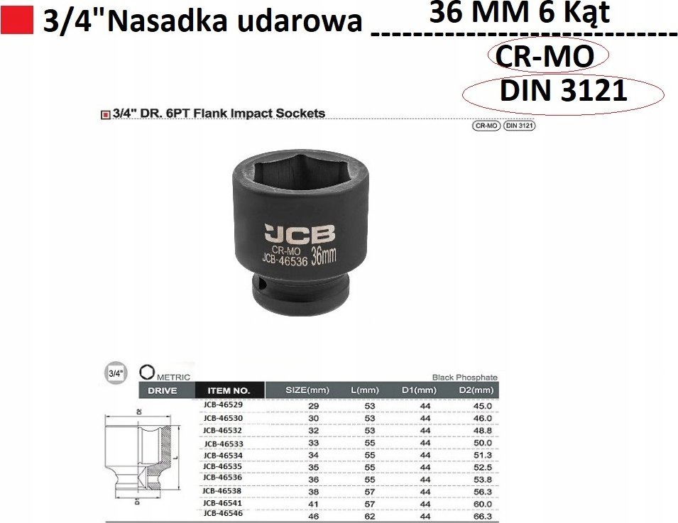 JCB Nasadka udarowa 3/4" 36mm (6-kątna)