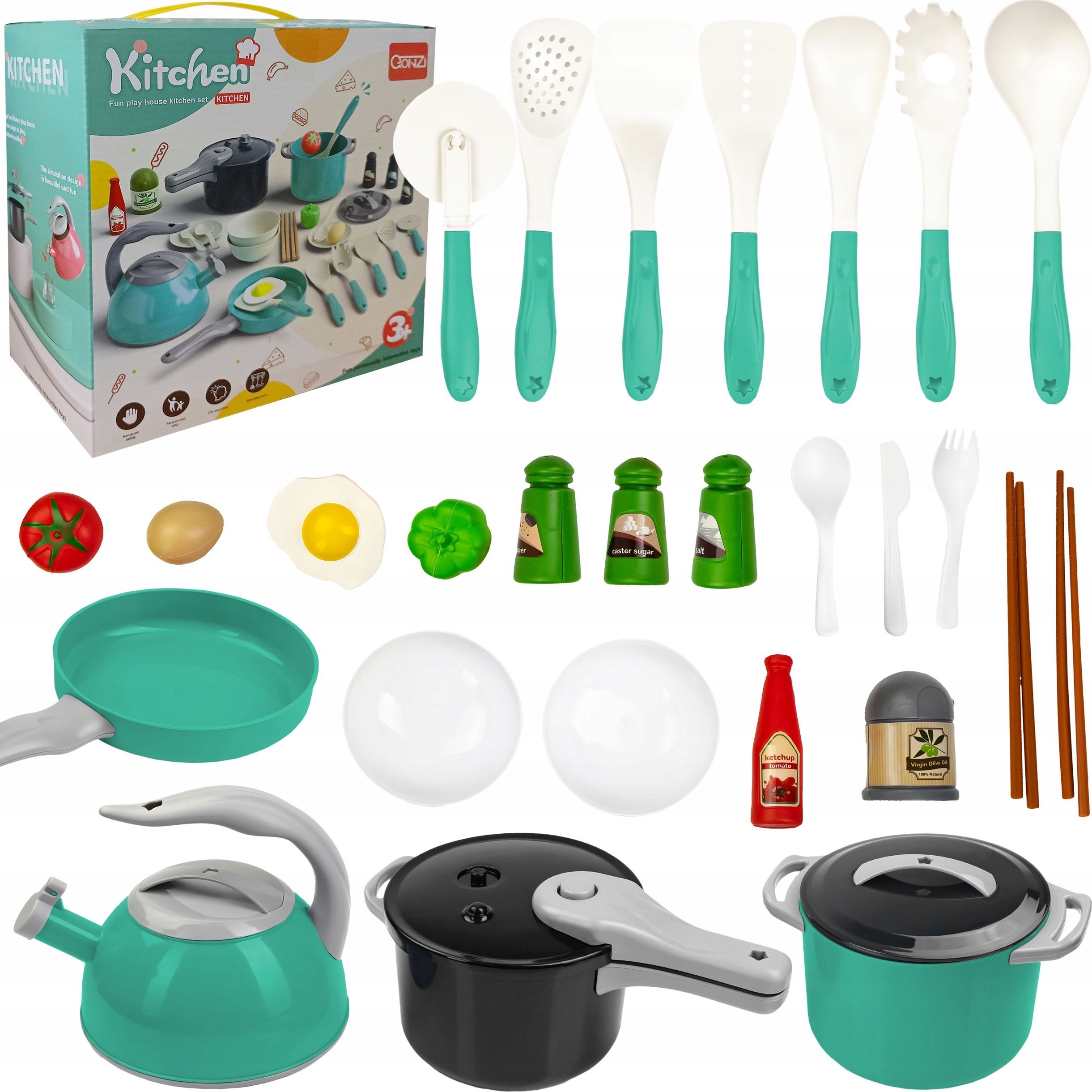 Naczynia Garnki Dla Dzieci Warzywa Patelnia Czajnik Łyżki Duży Zestaw 32 El
