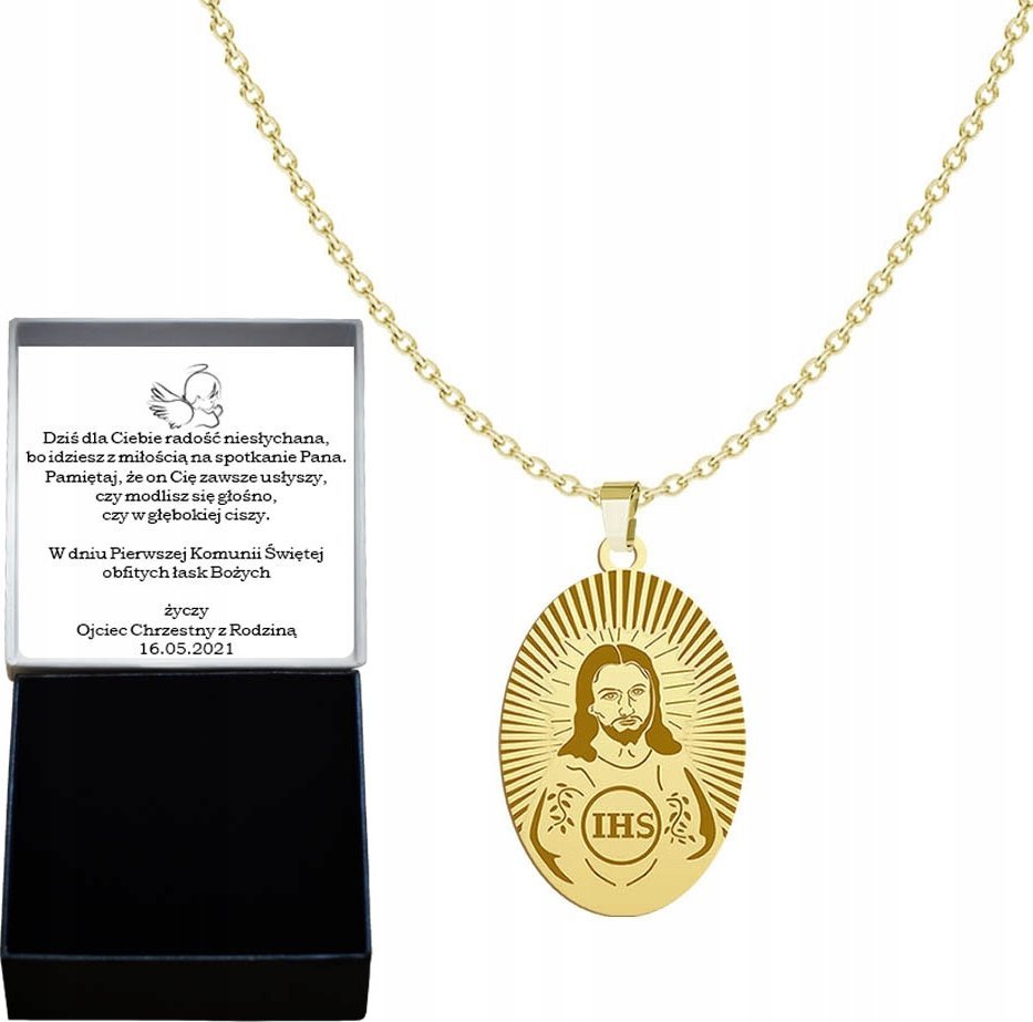 Radziszewska Jewellery Pozłacany Naszyjnik MEDALIK Pan Jezus GRAWER GRATI