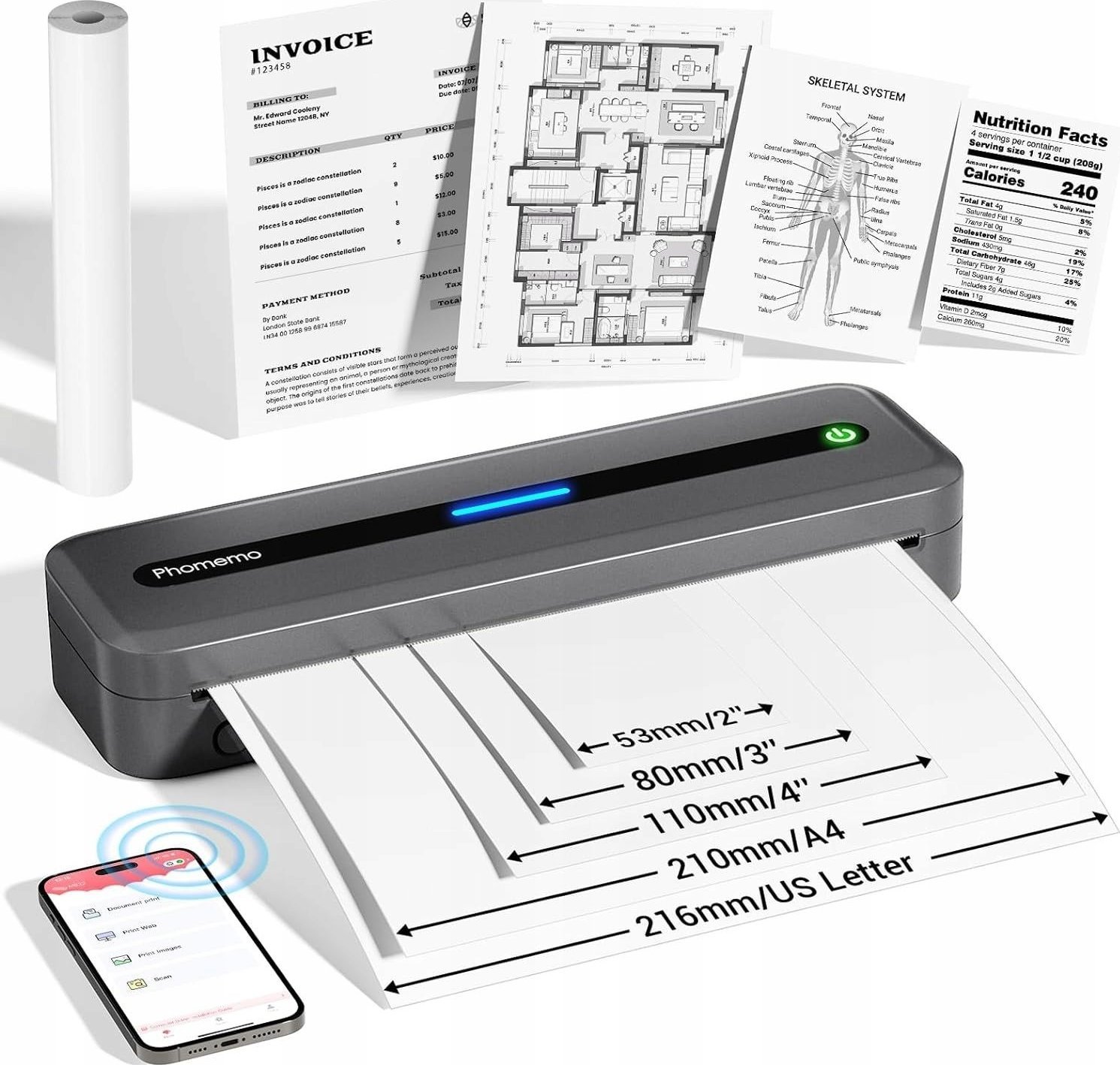 Drukarka etykiet Phomemo Przenośna Drukarka Termiczna A4 Bez Tuszu Buetooth Ios/android / / M832 / Szary