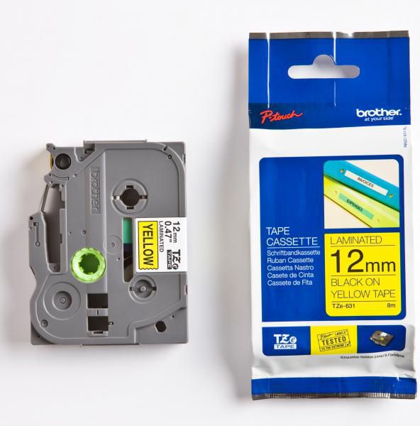 Brother Taśma do drukarek etykiet czarny druk / żółty podkład laminowane 12mm x 8m (TZE631)
