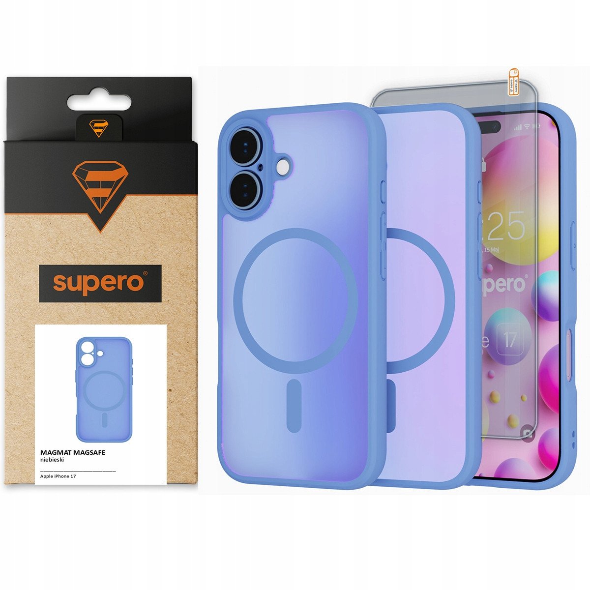 Etui matowe Supero Magmat MagSafe do iPhone 17, niebieskie + szkło