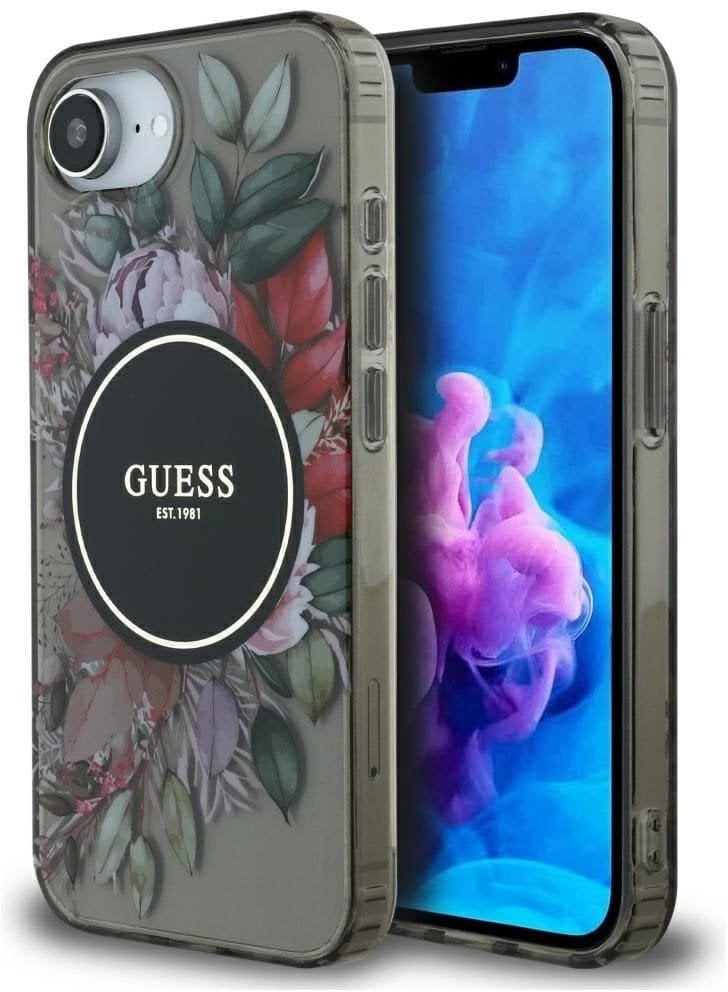 Etui Guess IML Flowers MagSafe do iPhone 16e czarny