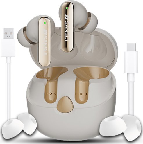 SŁUCHAWKI DAMSKIE BEZPRZEWODOWE BLUETOOTH 5.4 DOKANAŁOWE BEŻOWE + POWERBANK