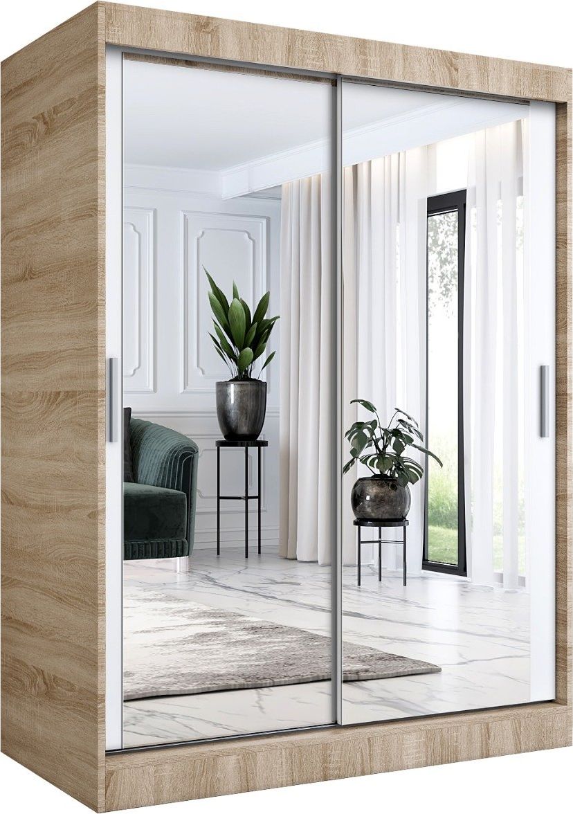 MKPOL Szafa przesuwna MODUO COMFORT 150 dąb sonoma/biała mat z dwoma lustrami