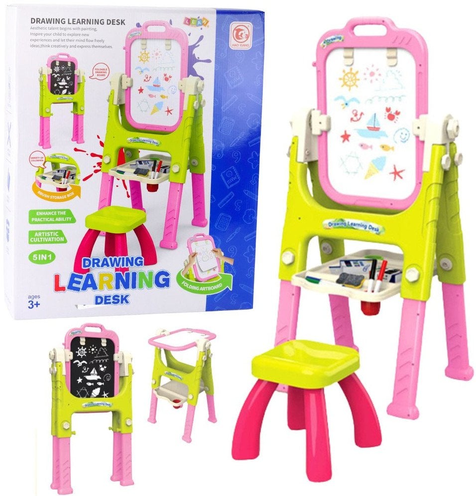 Tablica Edukacyjna 5w1 Z Krzesełkiem Wielofunkcyjna Akcesoria Różowa