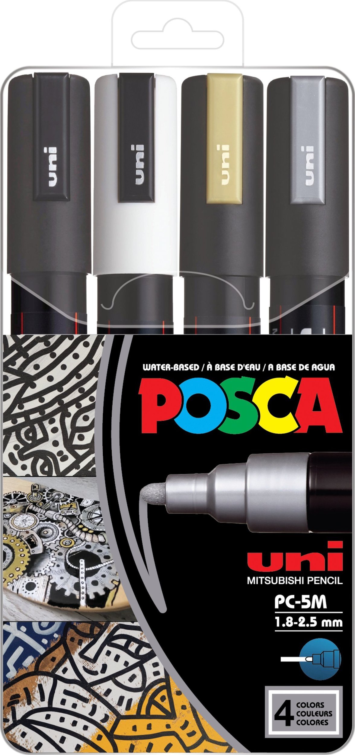 UNI-BALL POSCA PC-5M Czarny, Złoto, Srebrny, Biały 4 szt.