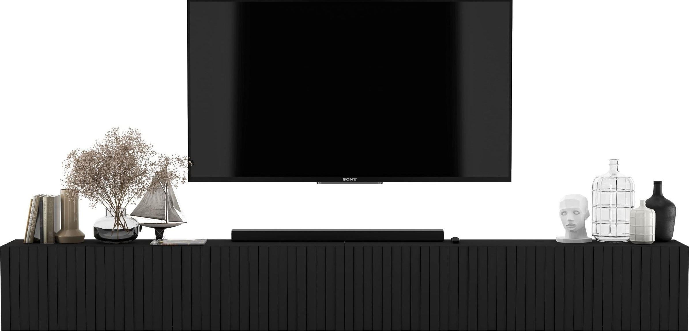 Meble Lindner Wisząca Szafka RTV Glamour Meble Lindner Nowoczesna Komoda RTV 300 cm Czarny MAT