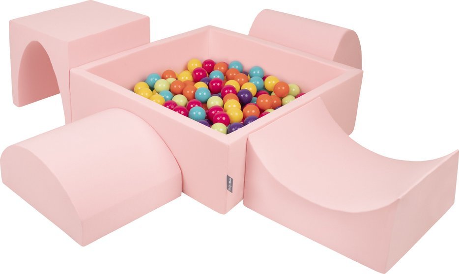 KiddyMoon Piankowy plac zabaw PPZP-KW30D-135 z piłeczkami różowy: jasny zielony-żółty-turkus-pomarańcz-ciemny róż-fiolet basen 200/górka/tunel/rampa L
