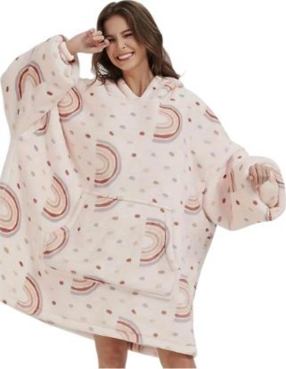 Bluza pluszowa z kapturem różowa koc oversize ciepła wzór tęcza